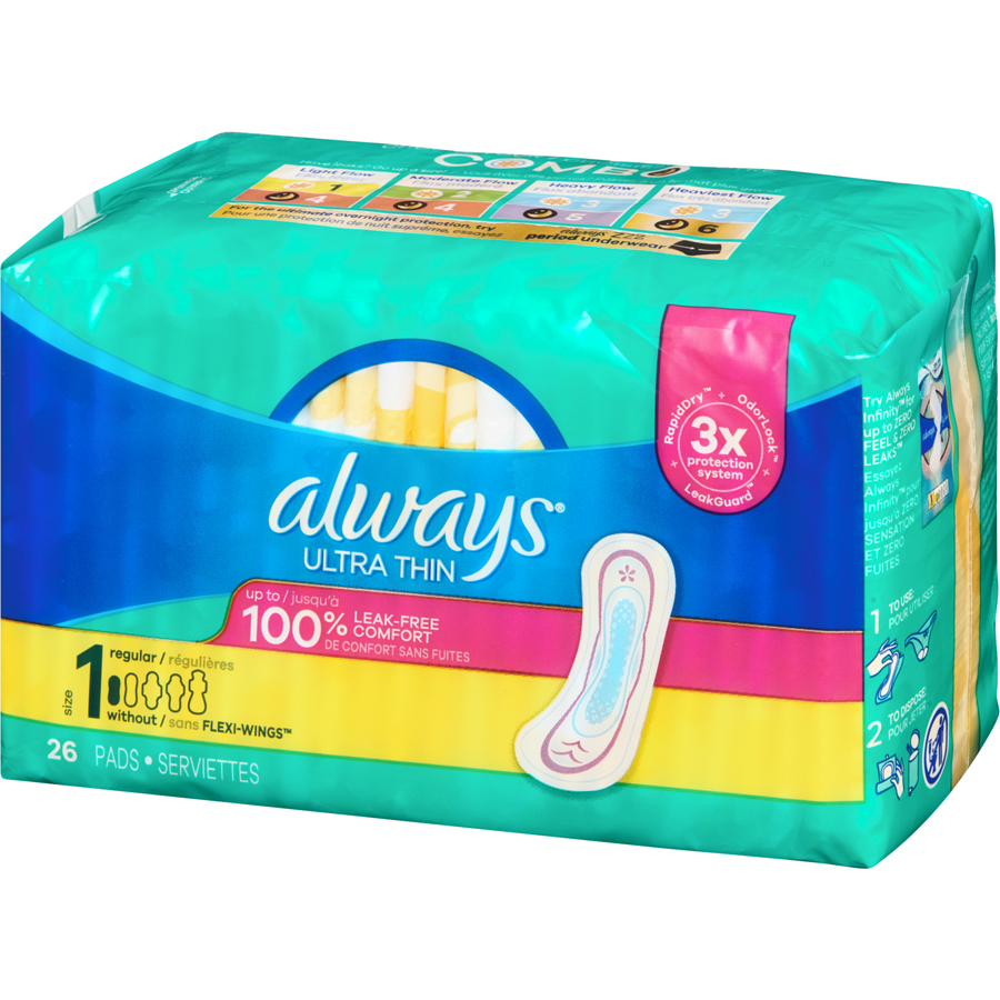 Always Ultra Thin Pads Unscented Size 4 Overnightwith Wings, 26