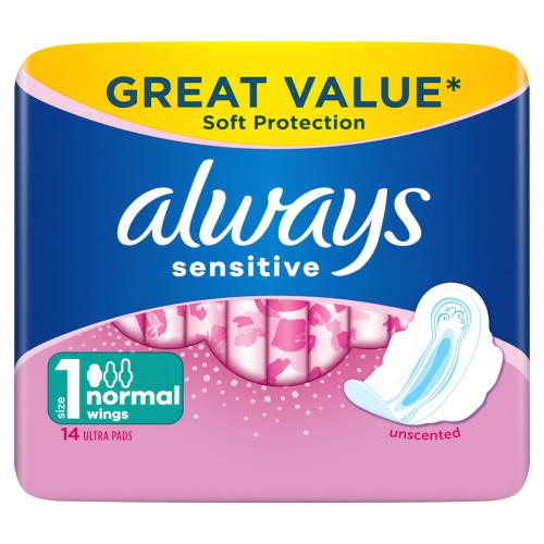 Always Sensitive FlexFoam Pads for Women, Size 1, Regular