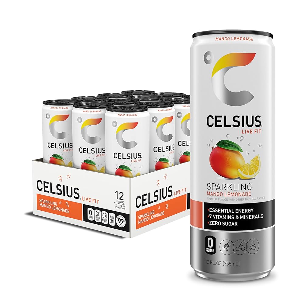 Celsius Sparkling Mango Lemonade drinks in a box on a white background
