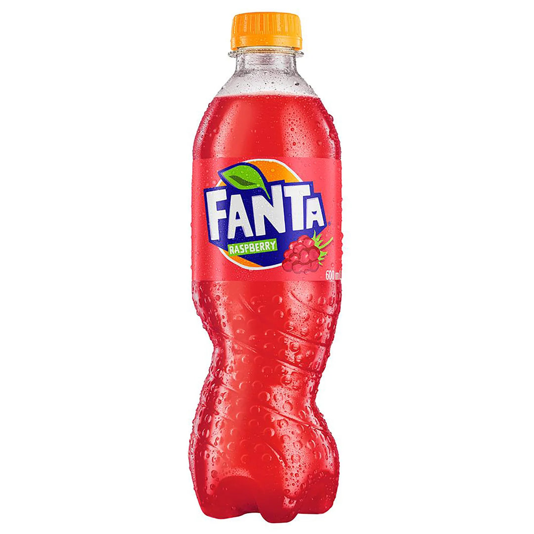 Fanta raspberry bottle with yellow cap on a white background