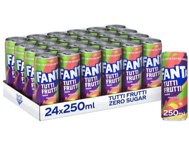 Packaging of Fanta Tutti Frutti Zero Sugar cans with colorful labels.
