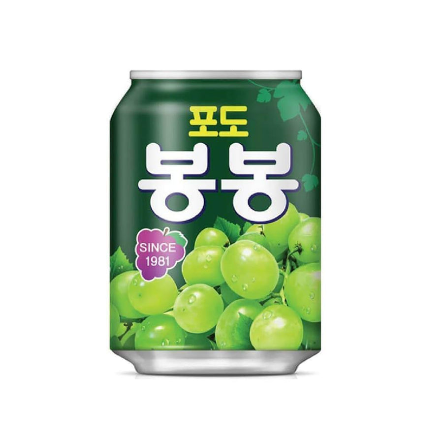 Green can with grape design and Korean text on a white background