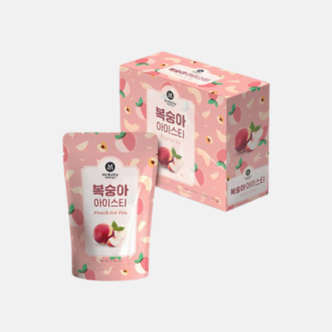 Pink packaging with a white label featuring a peach illustration on a light pink background
