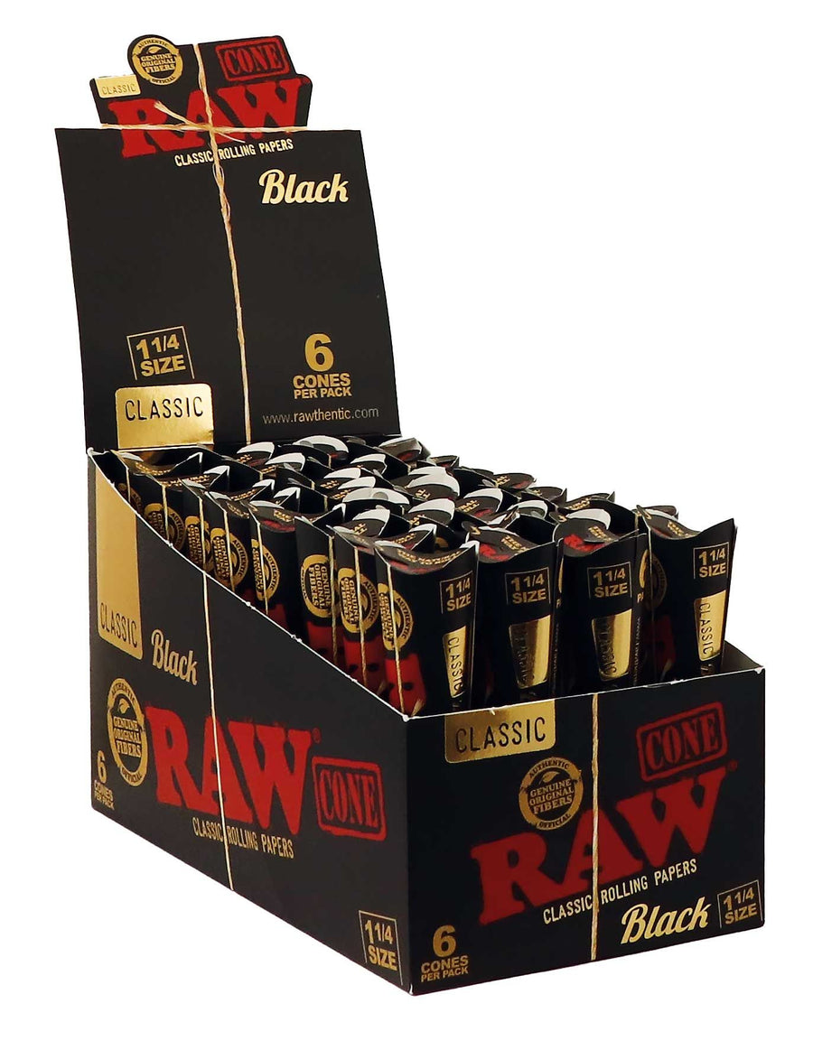 Raw Classic Black 1 1/4 Size Cones (Box of 32 Packs) - Quecan