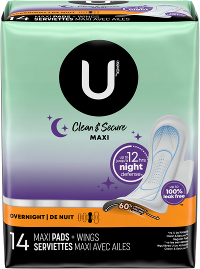 U By Kotex Clean & Secure Overnight Maxi (Pads + Wings 14ct) - Quecan