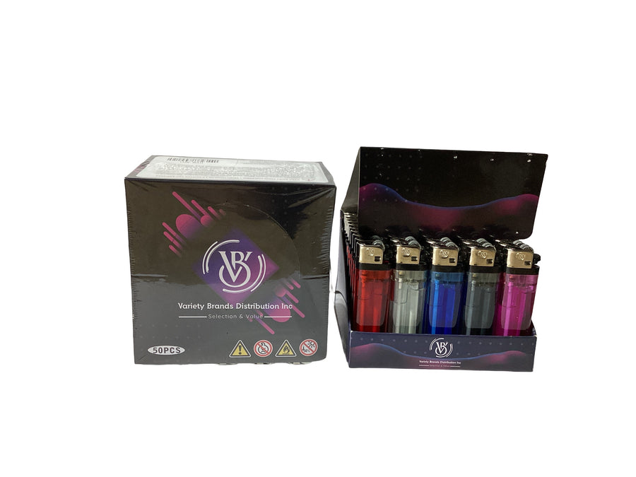 Display of lighters with a branded box on a white background