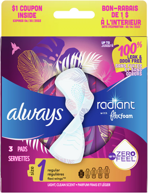 Always Radiant Size 1 Regular With Flexi-Wings Light, Clean Scent Pads 3ct - Quecan