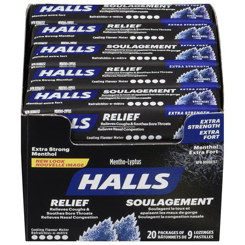 HALLS Extra Strong Menthol Cough Drops (20 Packs x 9 Pieces)
