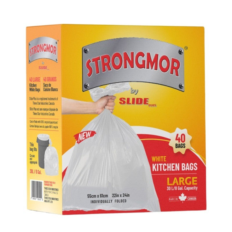 Slide Plus Strong Garbage Bags Kitchen White 22" x 24"(40 Bags)