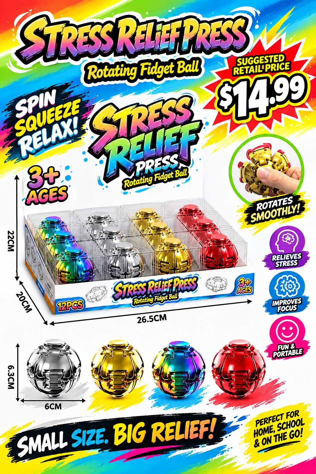 Fidget Spinner Ball (Display of 12)