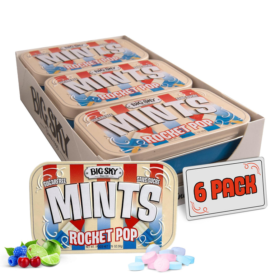 6-pack of Big Sky Mints Rocket Pop mints with packaging on a white background