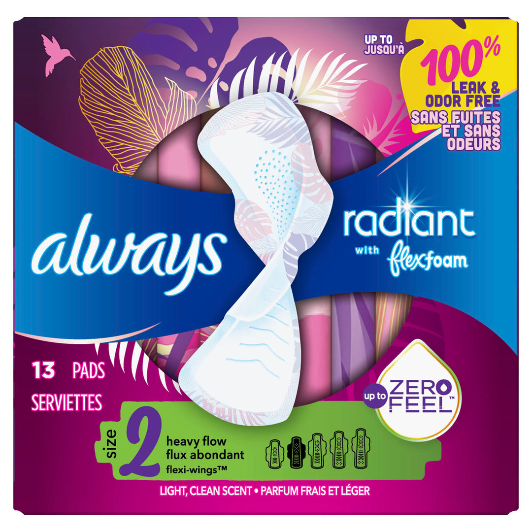 Always Radiant Size 2 Heavy Flow With Flexi-Wings Light, Clean Scent Pads 13ct - Quecan