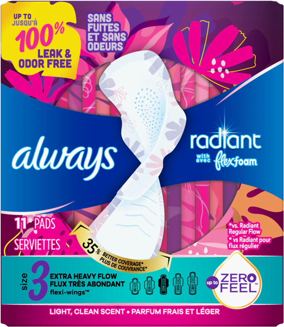 Always Radiant Size 3 Heavy Flow With Flexi-Wings Light, Clean Scent Pads 11ct. - Quecan