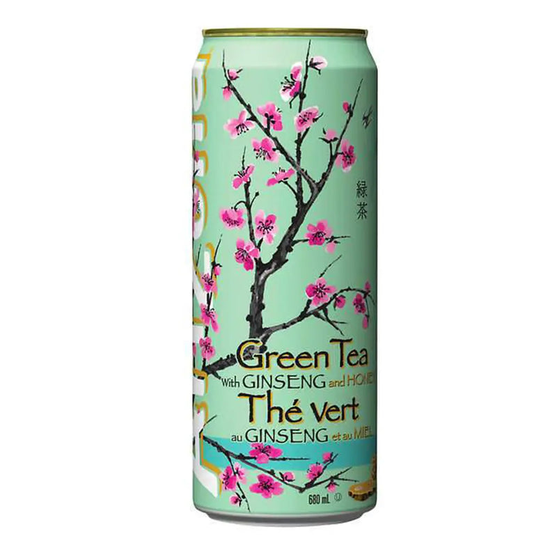 Can of green tea with ginseng and honey on a white background