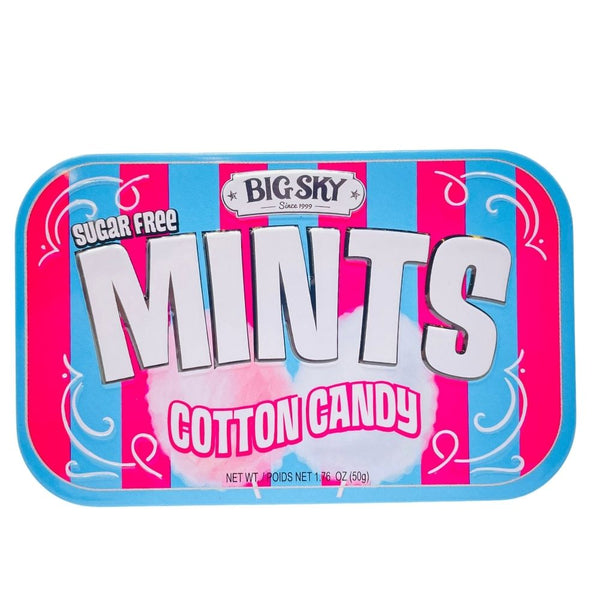 Big Sky sugar-free mints tin with cotton candy flavor on a white background