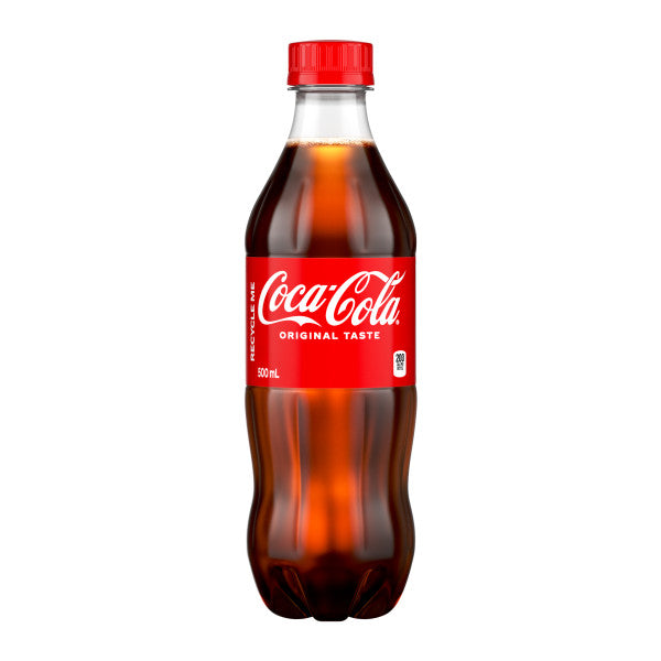 red Coca-Cola bottle with red label and cap on a white background