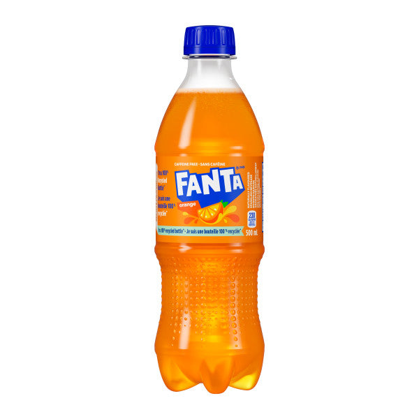 Orange Fanta bottle with blue cap on a white background