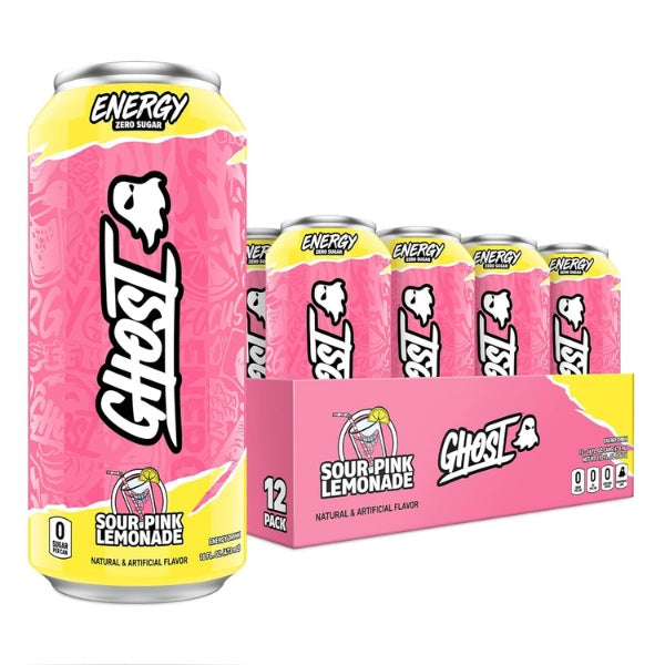 GHOST Energy Sour Pink Lemonade Zero-Sugar Energy Drink (12 x 473ml) (Can Dep) - Quecan