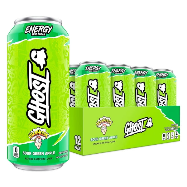 GHOST Energy Sour Green Apple Zero-Sugar Energy Drink (12 x 473ml) (Can Dep) - Quecan