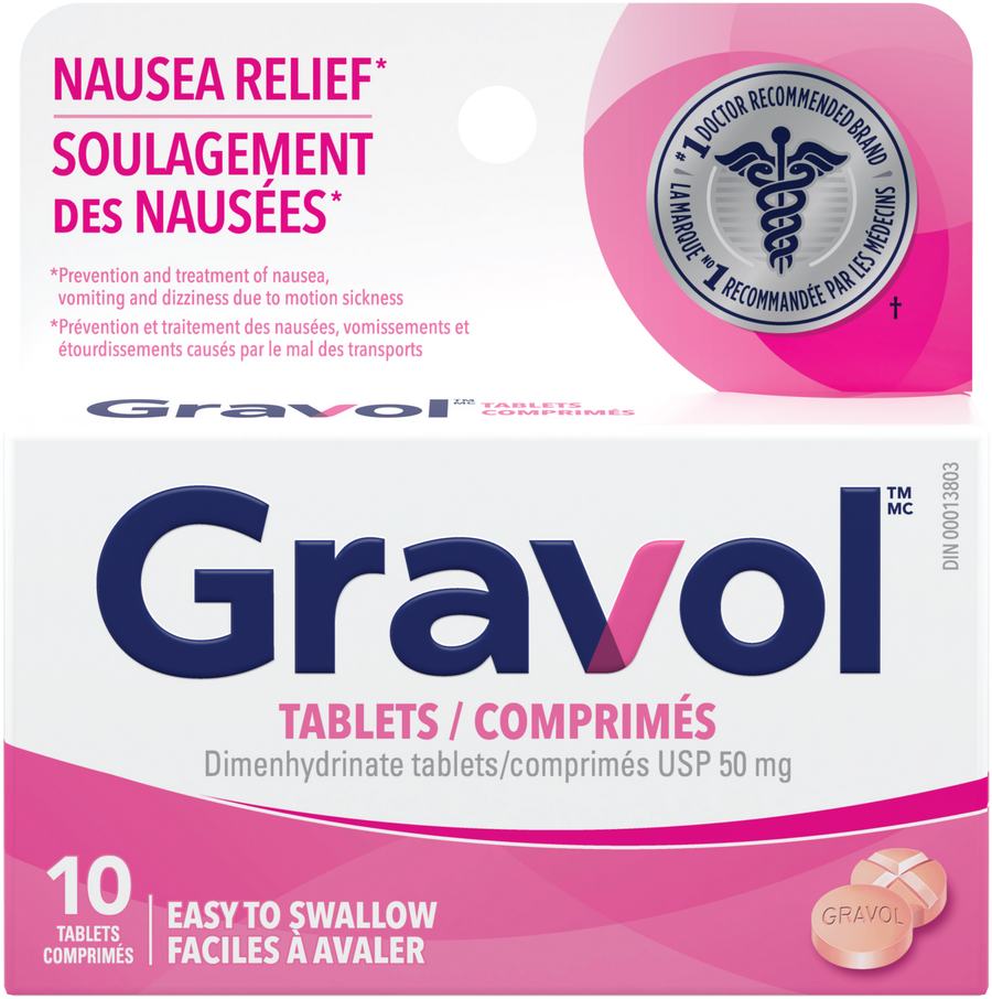 Gravol Easy to Swallow Tablets Dimenhydrinate Tablets USP 50mg 10 Tablets (Pack of 6) - Quecan