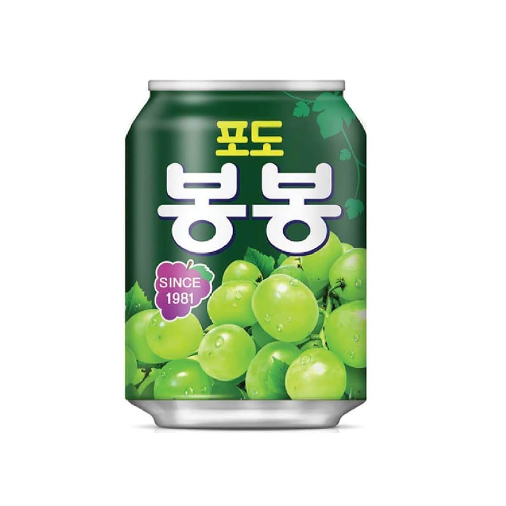 Green can with grape design and Korean text on a white background