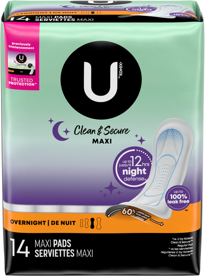 U by Kotex Clean & Secure Overnight Maxi Pads for women (14PCS) - Quecan