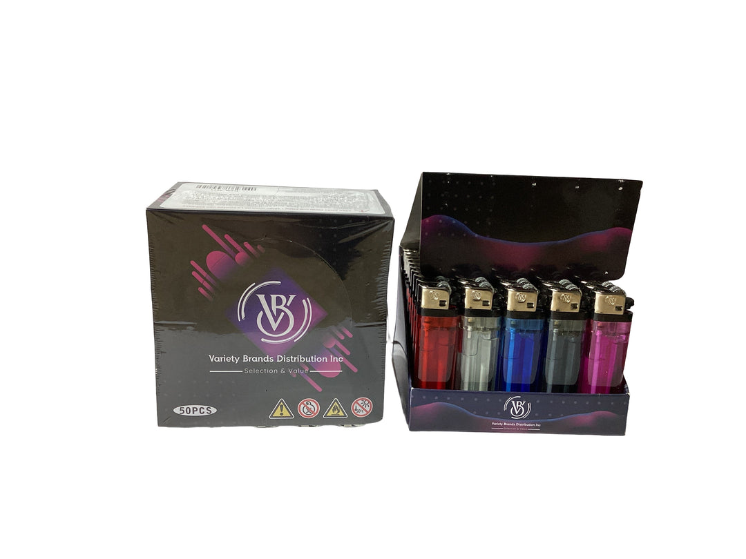 Display of lighters with a branded box on a white background