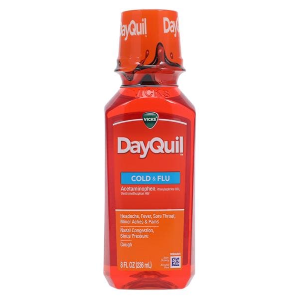 DayQuil cold and flu medication bottle on a white background