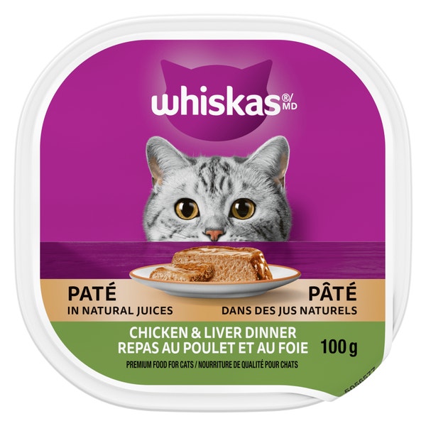 Whiskas cat food pate packaging with a purple background and a cat's face.