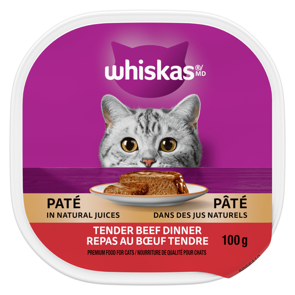 Whiskas cat food pate container with a purple background and a cat's face on it.