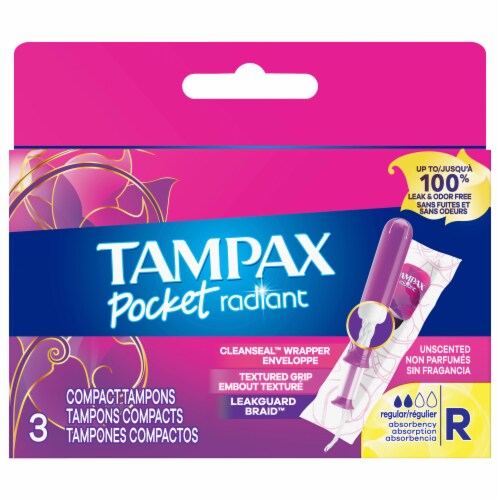 Tampax Pocket Radiant Regular Unscented Compact Tampons 3ct. - Quecan