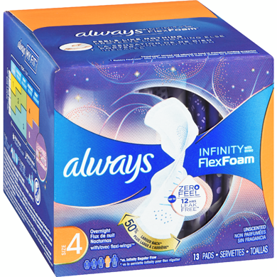 Always Infinity Flex Foam Size 4  Overnight Unscented Pads (Pack of 13) - Quecan