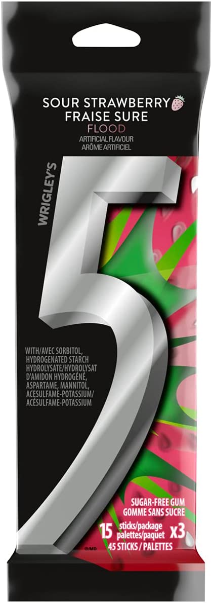 Wrigley's 5 Sour Strawberry Flood Sugar Free Gum (15 x 3pc) - Quecan