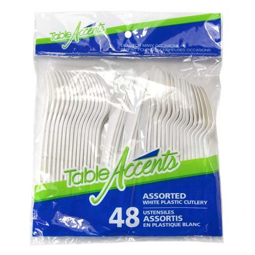 Table Accents - Assorted White Plastic Cutlery (Pack of 48) - Quecan