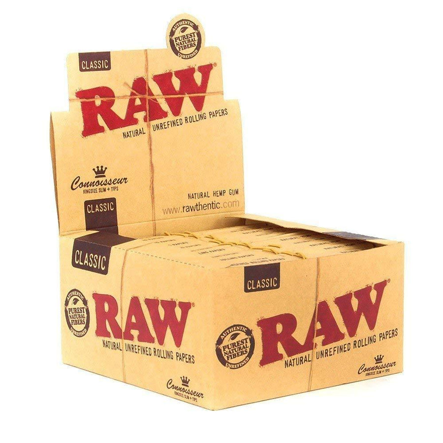 Raw Rolling Paper - Connoisseur + Tips King Size Slim (Box of 24) - Quecan