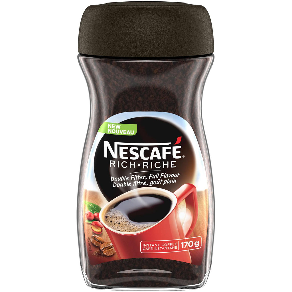 NESCAFÉ Café instantané riche, café torréfié foncé, avec des grains de café  100 % naturels – Pot de 170 g, 3 pièces et riche décaféiné, café